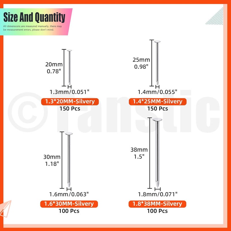 Tanstic 500Pcs 4 Sizes Hardware Nails Assortment Kit Finishing Nails Nails for Hanging Pictures Small Nails Wall Nails for Picture Hanging Woodworking(Silver) - Image 2